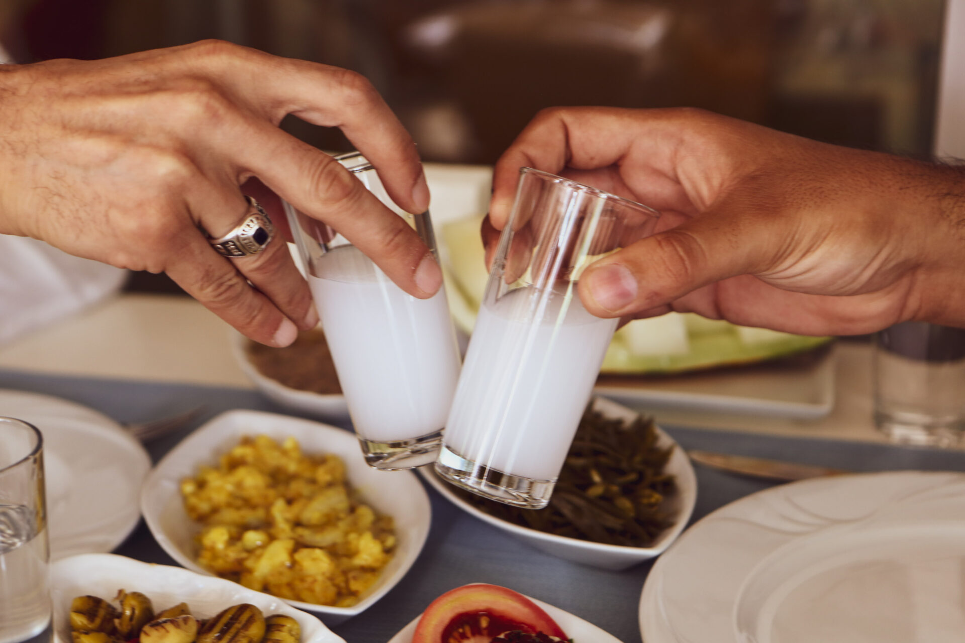 Turkish and Greek Traditional Dinning Table with Special Alcohol Drink Raki