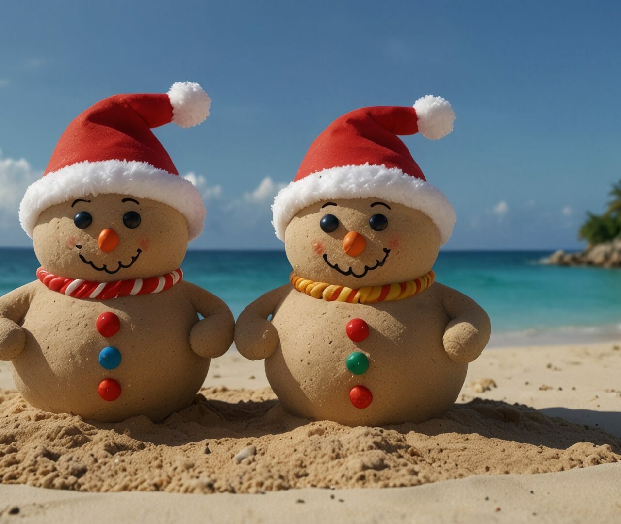 Schneemänner aus Sand am Strand