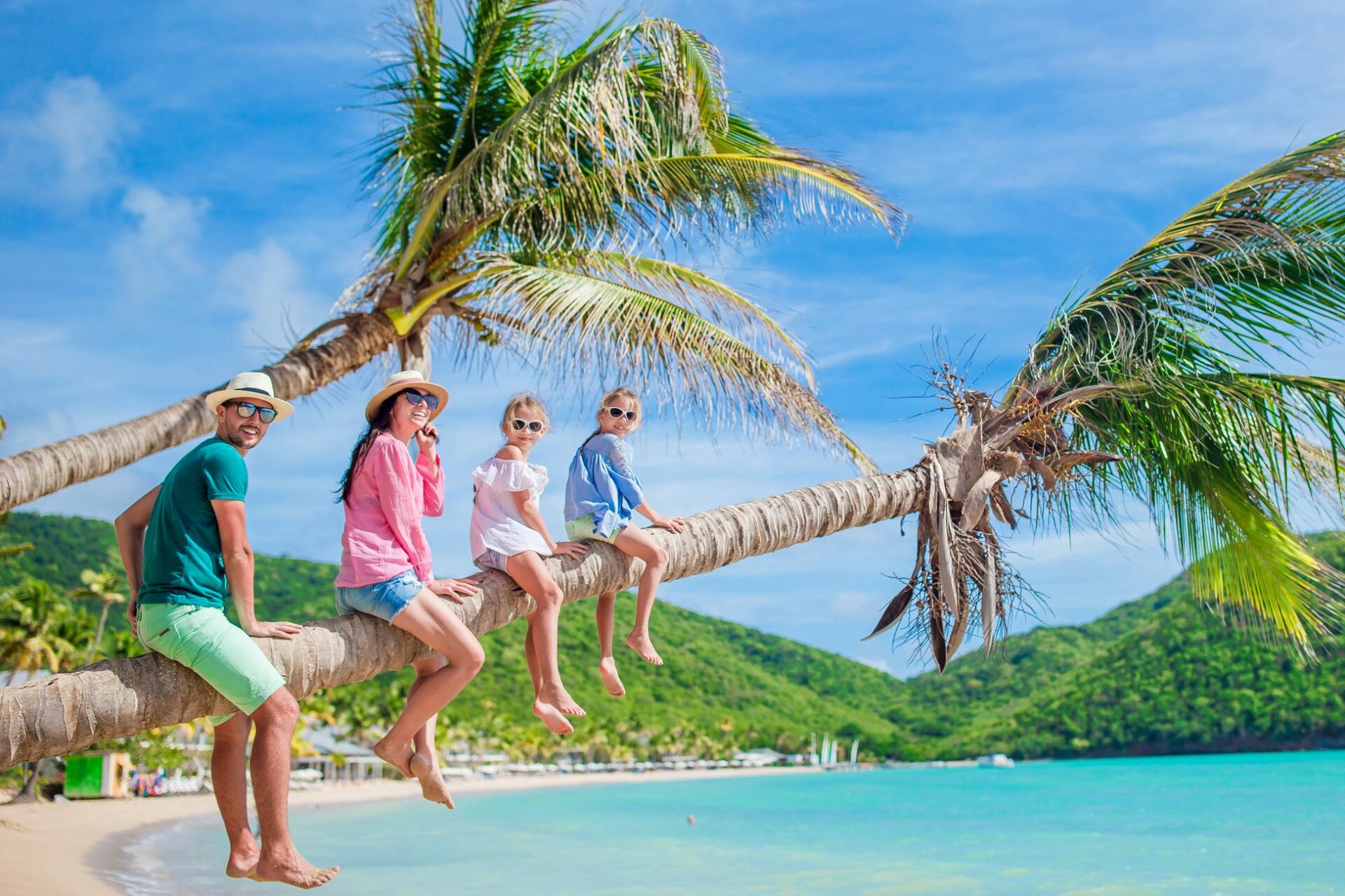 Familie auf Palme im Urlaub