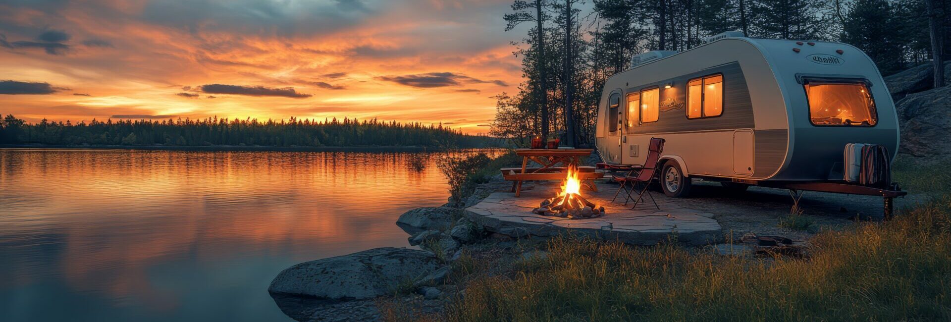 Camping- und Wohnmobilreisen, abendliche Atmosphäre al See mit Lagerfeuer