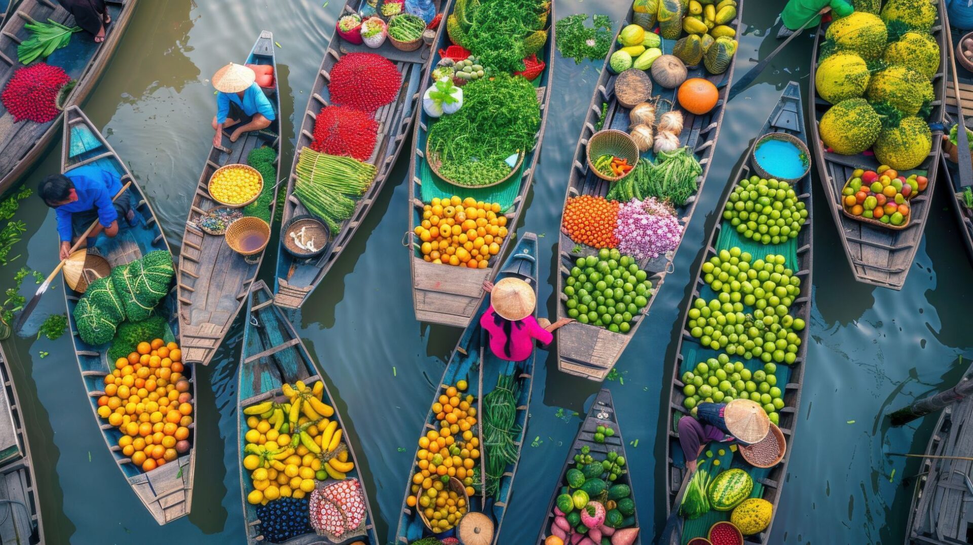 Boote mit Früchten, Mekong Delta