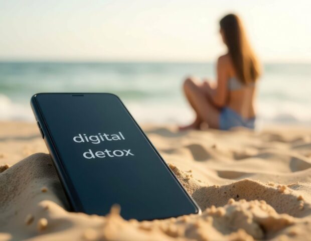 Handy am Strand im Sand, Digital Detox Urlaub