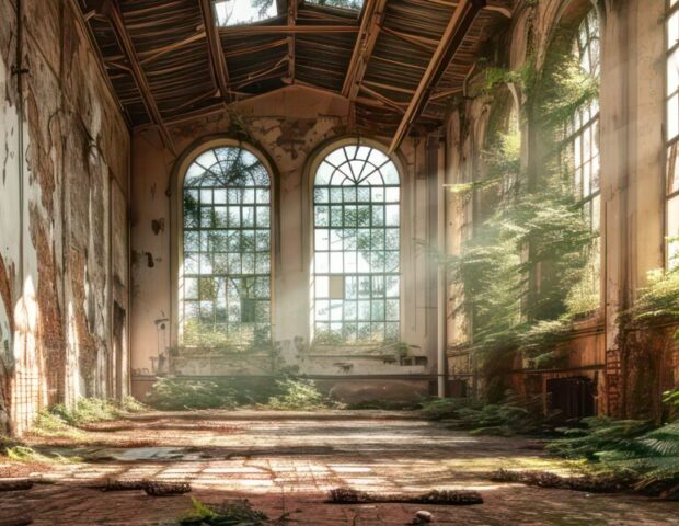 Lost Places in Deutschland, verlassener Saal mit Pflanzen überwuchert