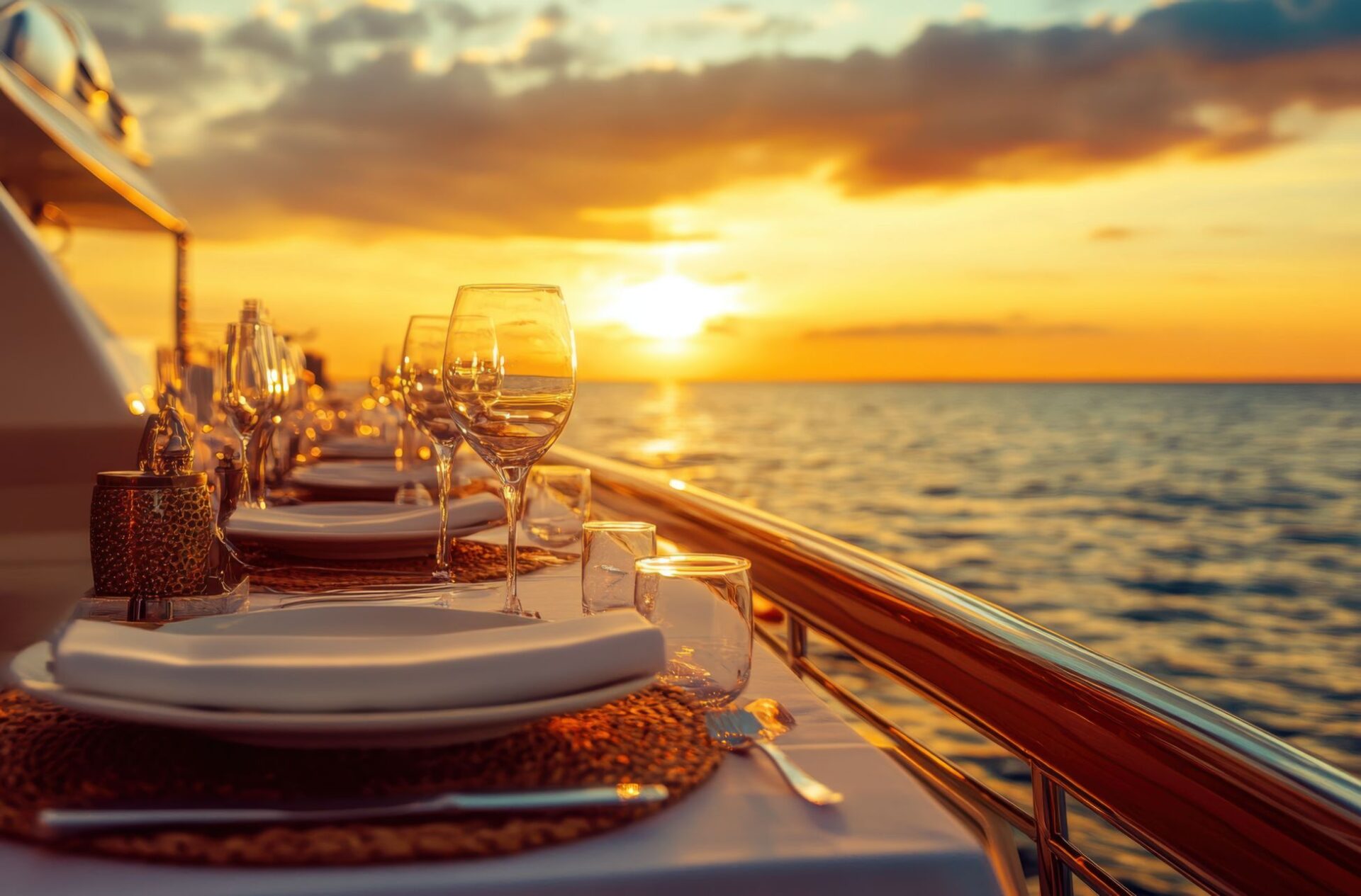 Festliches Tisch an Bord eines Schiffes bei Sonnenuntergang