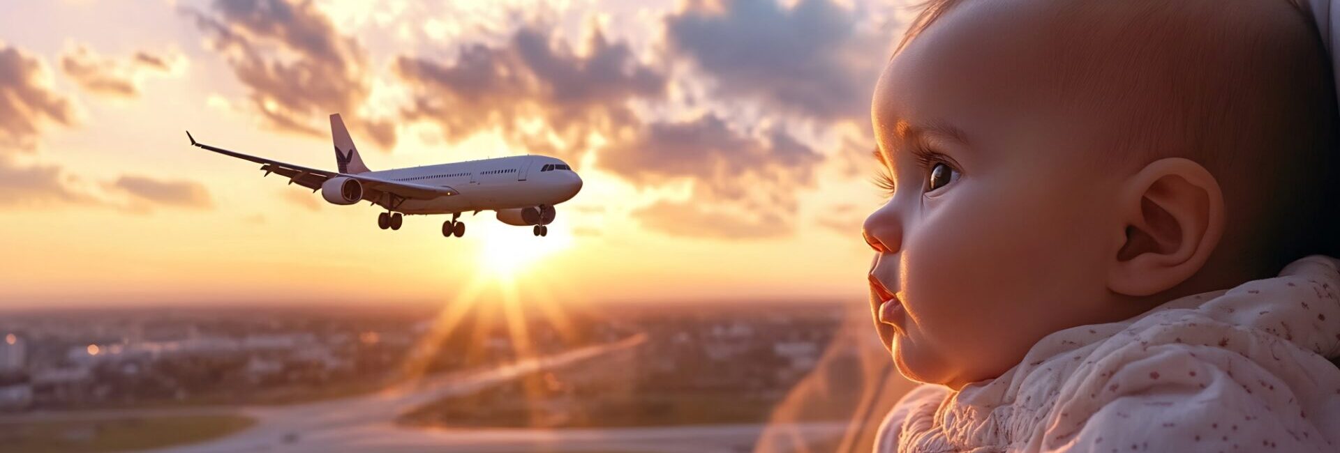 Babykopf und Flugzeug im Landeanflug bei Sonnenuntergang
