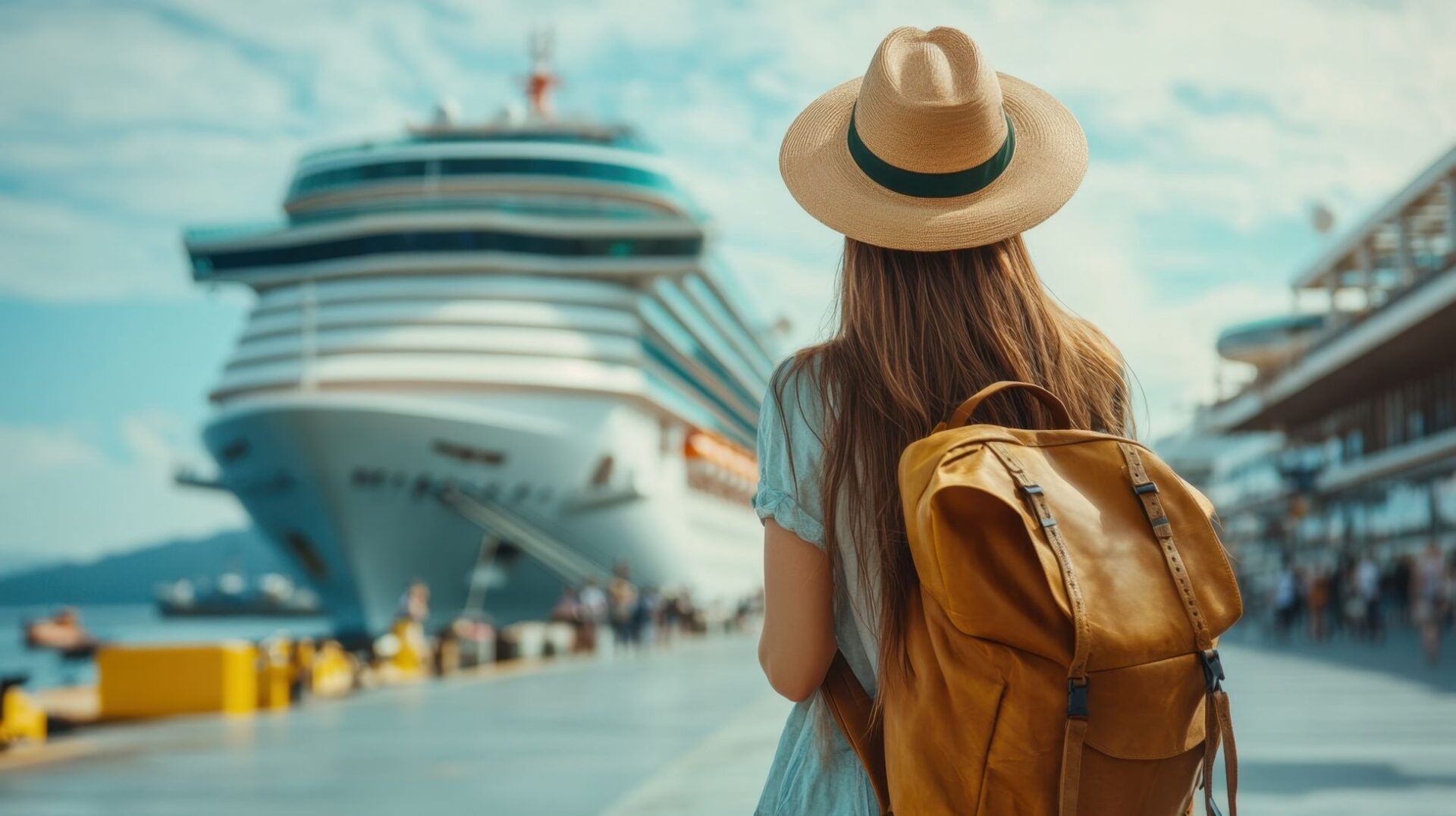 Frau am Hafen vor Kreuzfahrtschiff