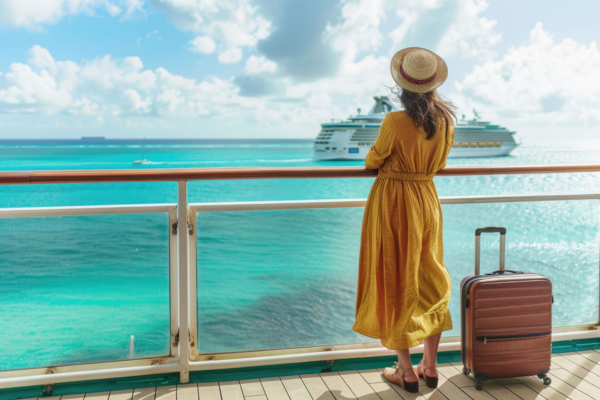 Frau guckt sehnsüchtig zu einem Kreuzfahrtschiff auf dem Meer