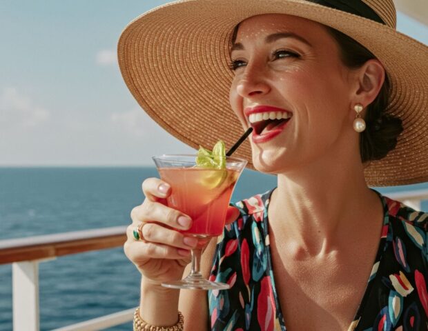 Frau mit cocktail an Deck eines Kreuzfahrtschiffes