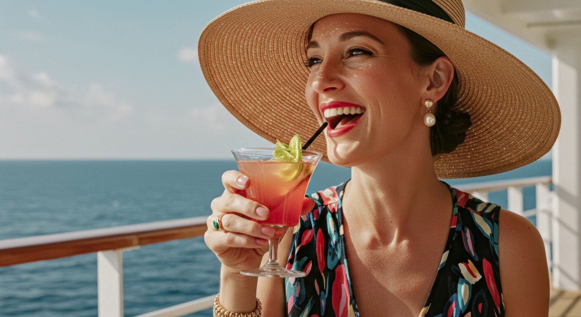 Frau mit cocktail an Deck eines Kreuzfahrtschiffes