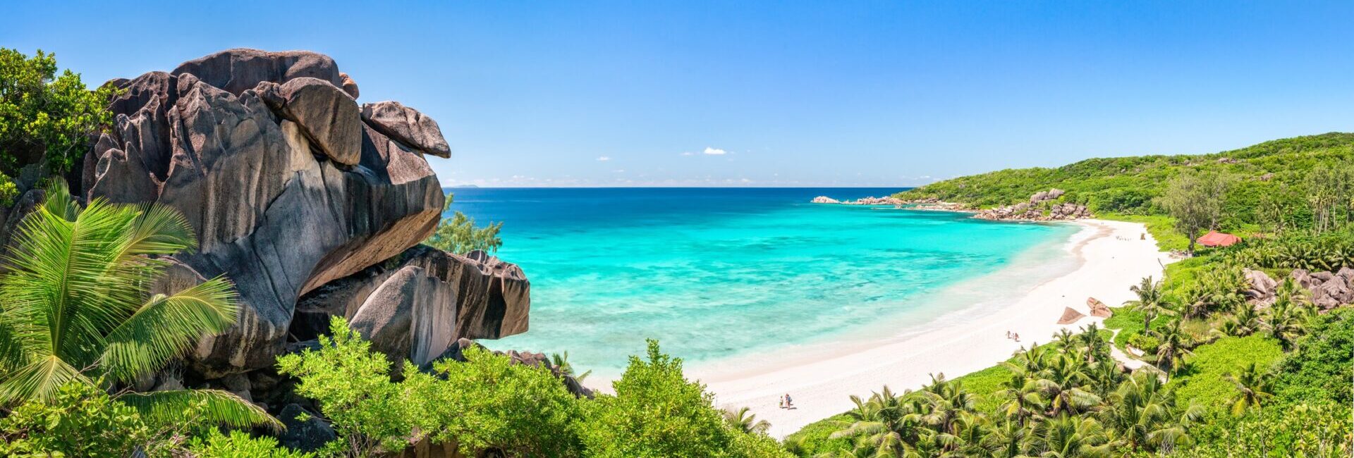Grand Anse Panorama auf La Digue, Seychellen, Strände der Seychellen