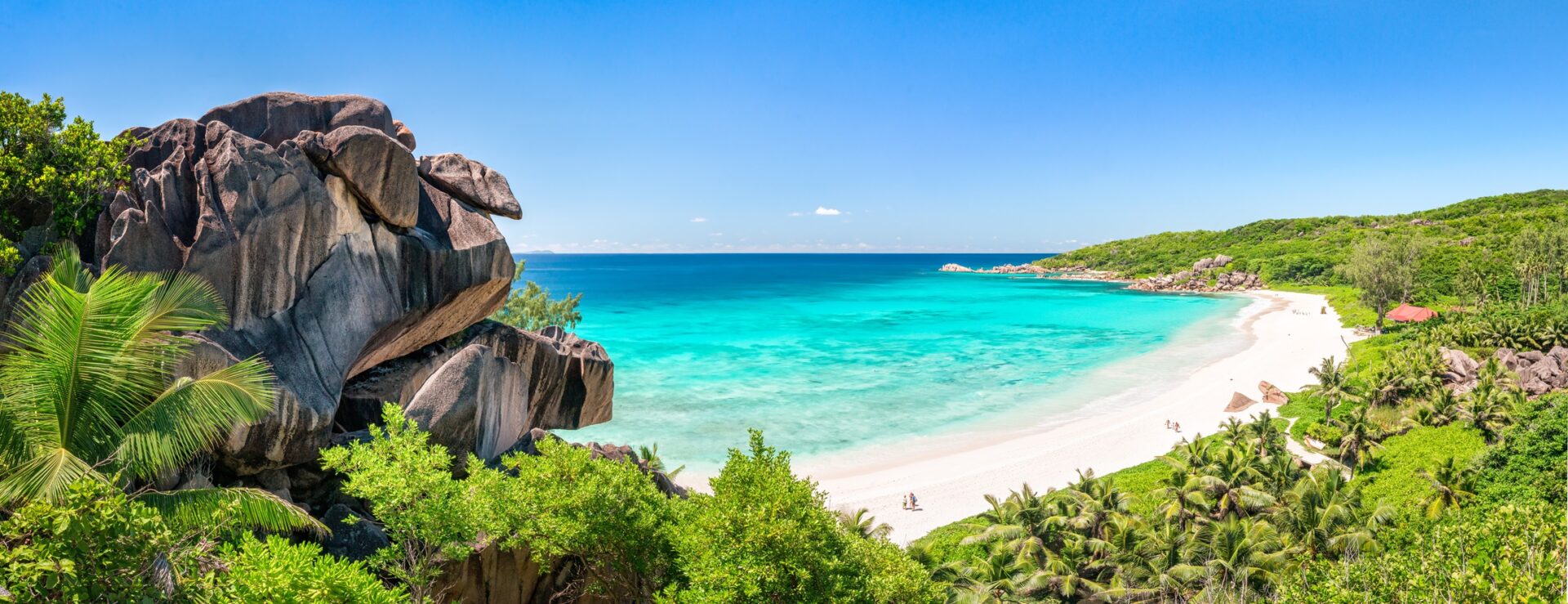 Grand Anse Panorama auf La Digue, Seychellen, Strände der Seychellen